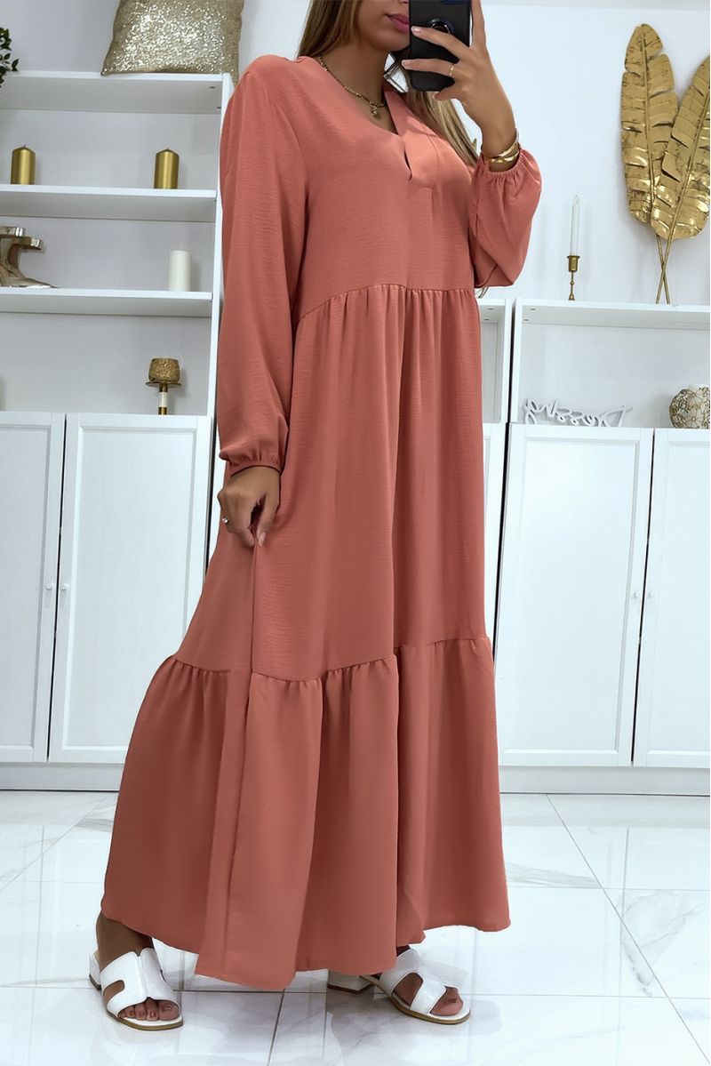 Long oversize pink V-neck dress with flounce - 3
