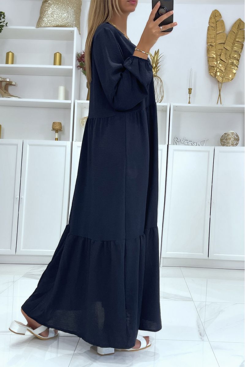 Lange marineblauwe oversized jurk met V-hals en ruches - 3