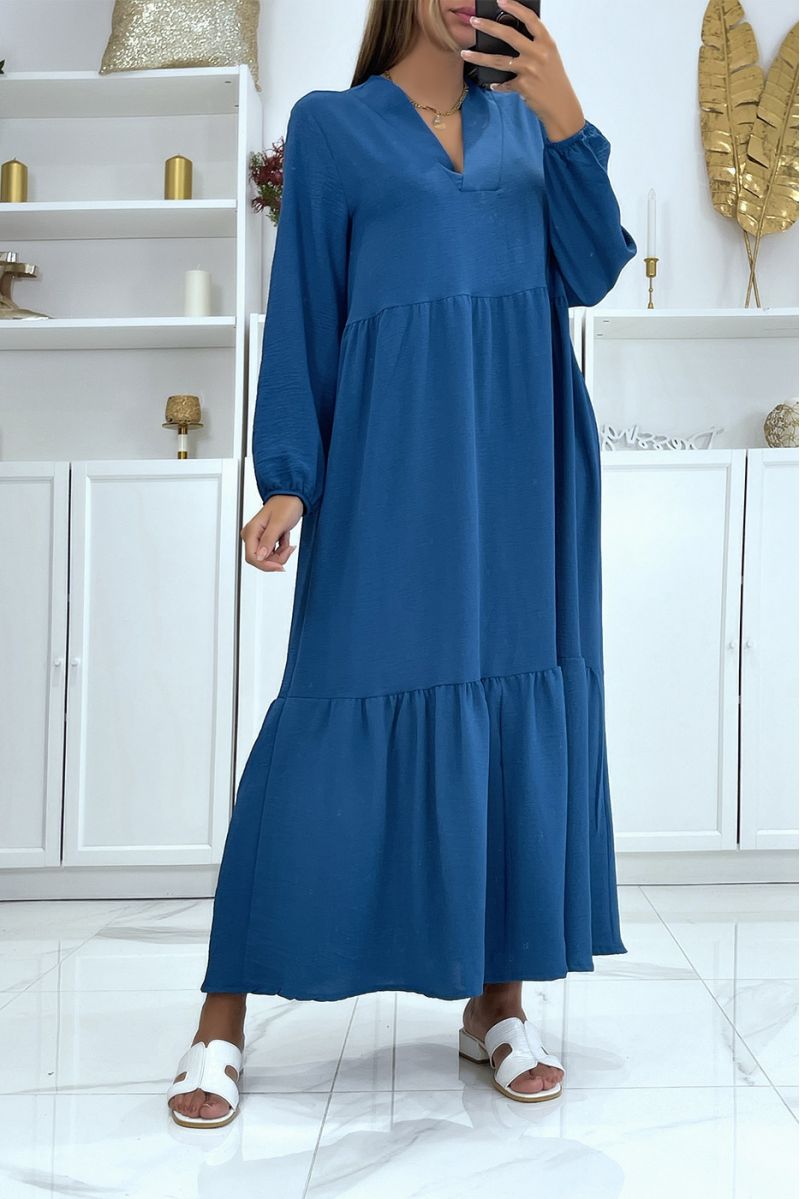 Long oversized indigo V-neck dress with flounce - 1