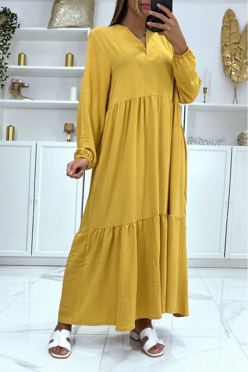 Long oversized mustard V-neck dress with flounce - 1