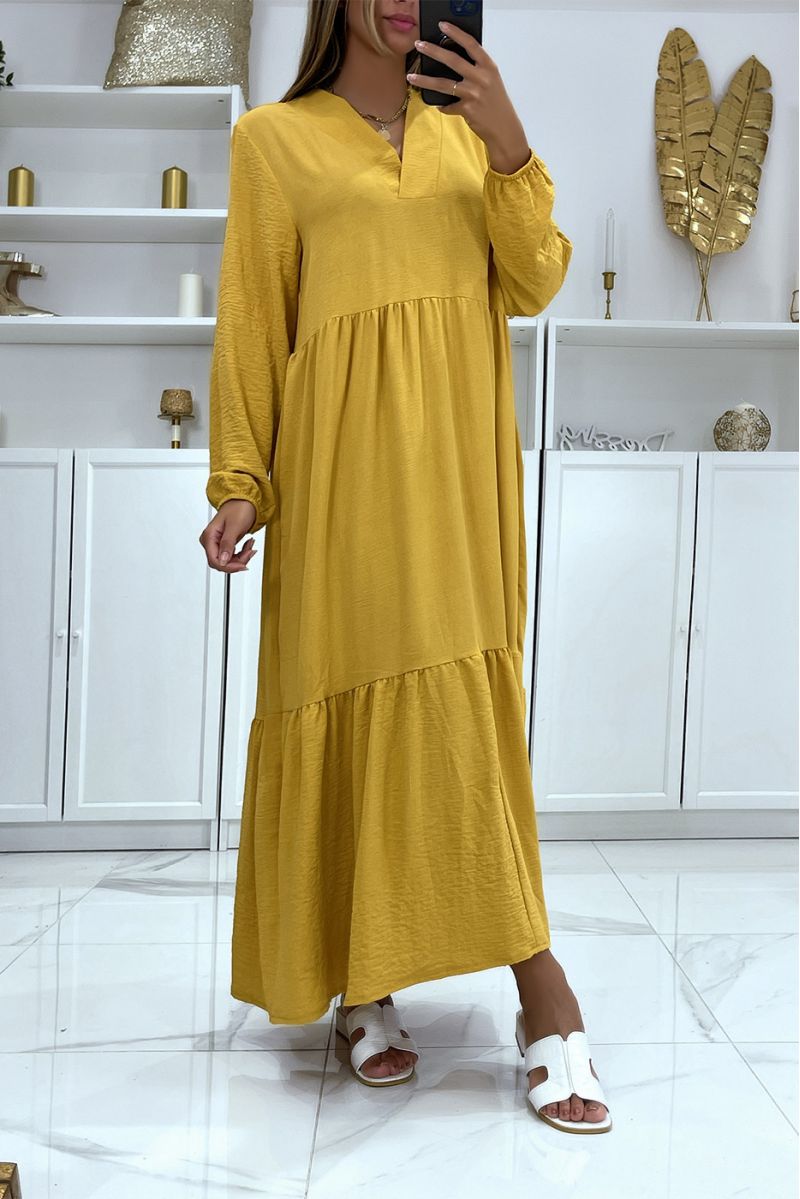 Long oversized mustard V-neck dress with flounce - 2