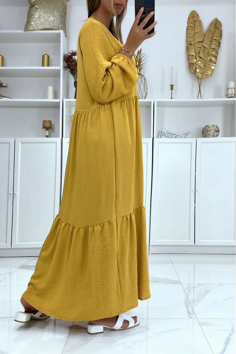 Long oversized mustard V-neck dress with flounce - 3