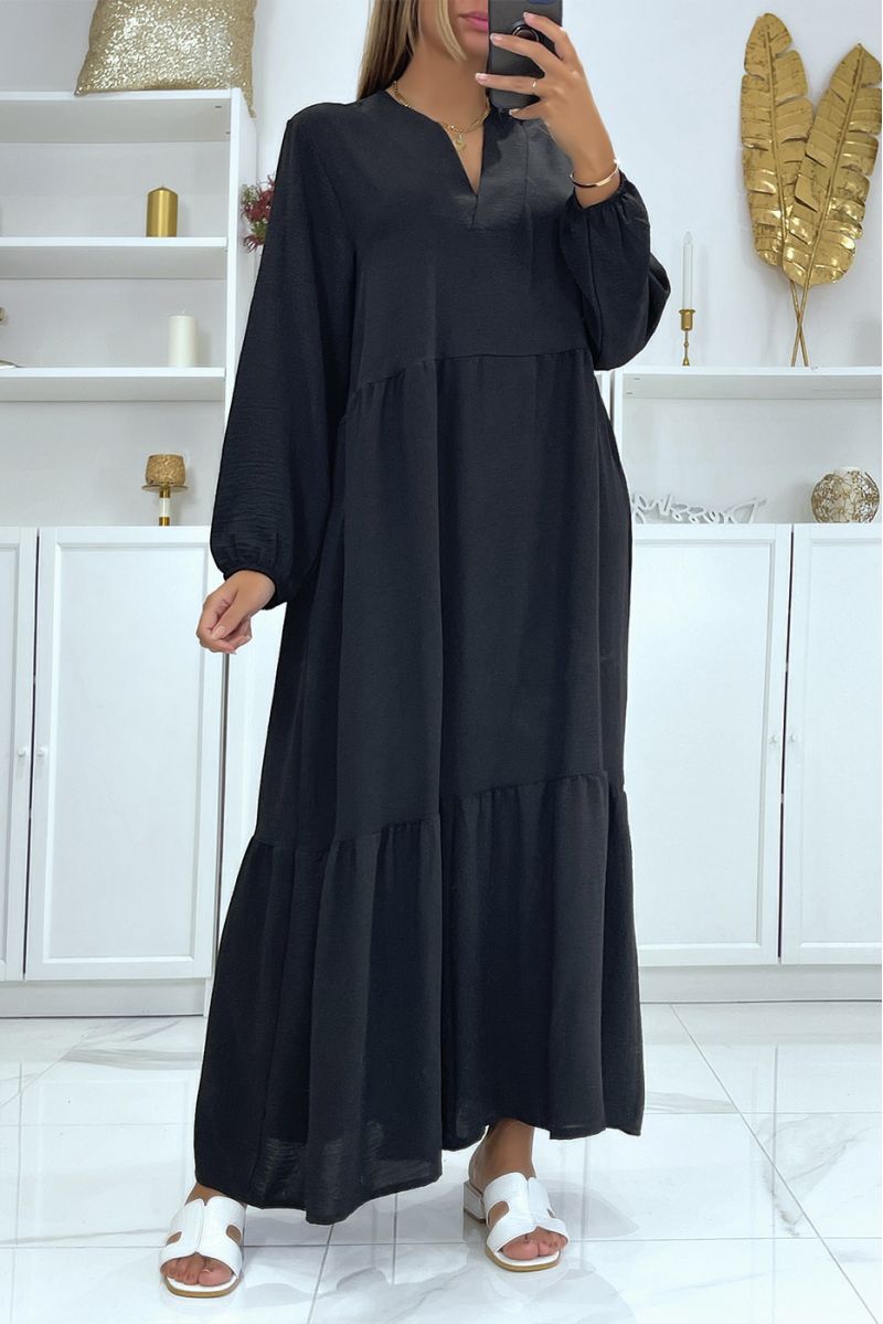 Long oversized black V-neck dress with flounce - 1