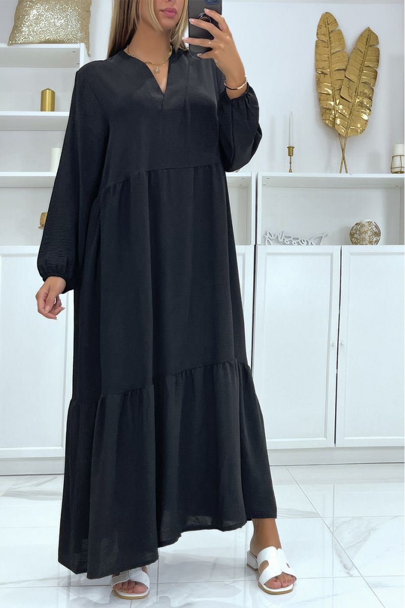 Long oversized black V-neck dress with flounce - 2