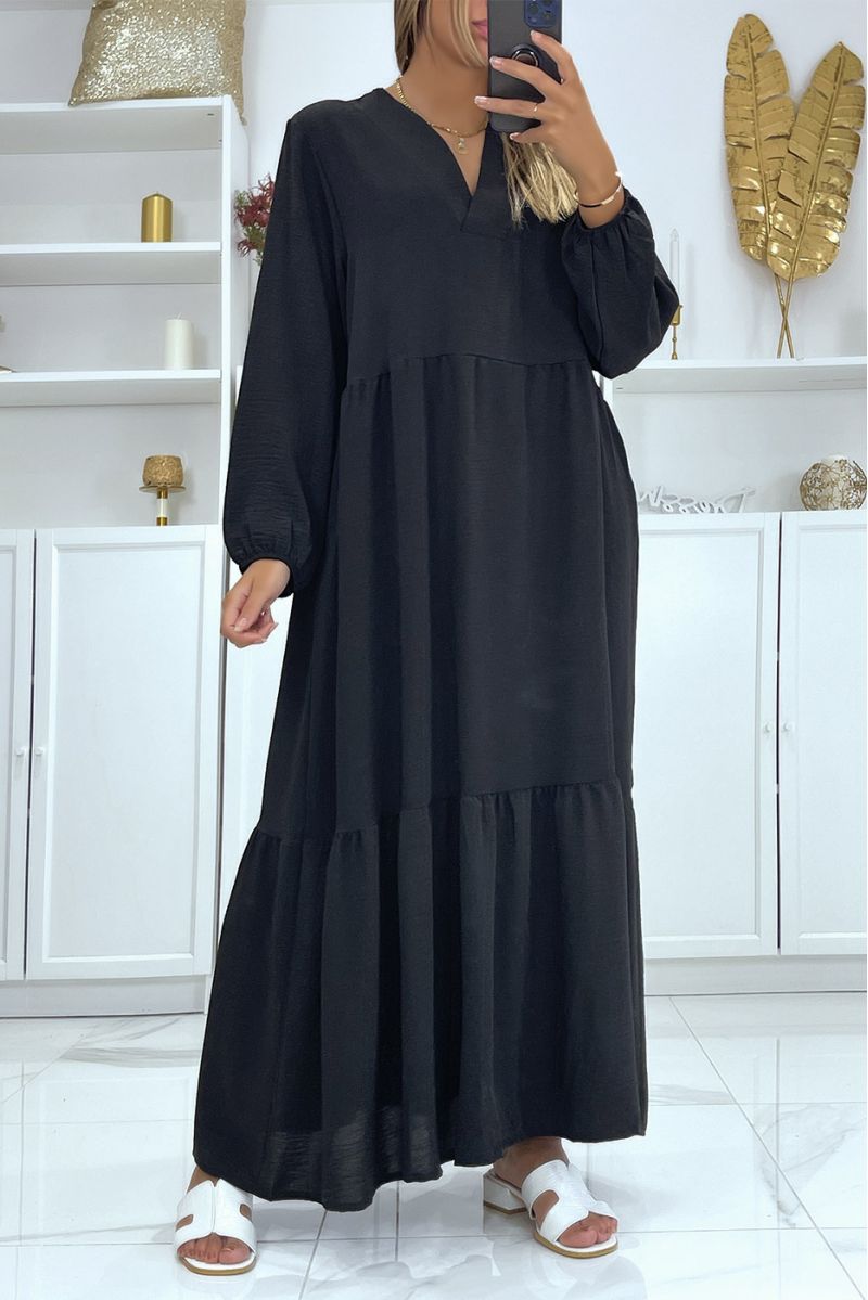 Long oversized black V-neck dress with flounce - 3