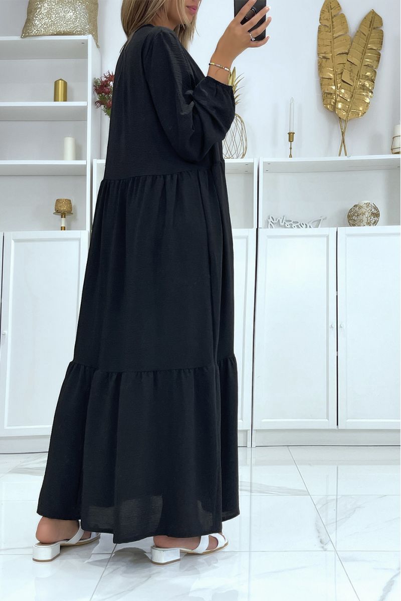 Lange oversized zwarte V-hals jurk met volant - 4