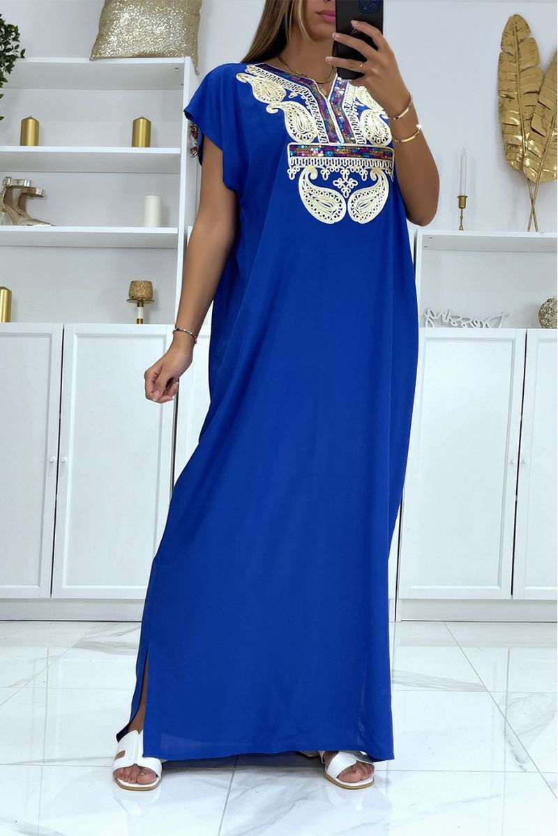 Long royal djellaba dress with pretty embroidered pattern on the collar adorned with rhinestones - 1