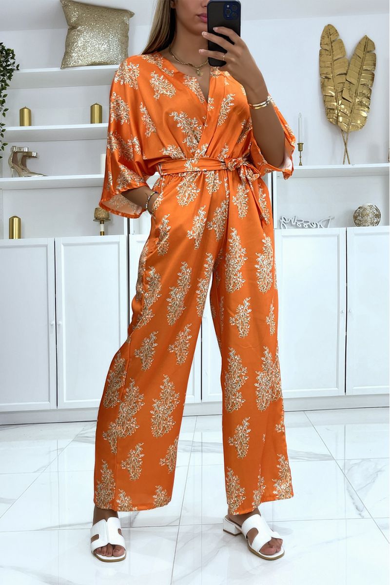Orange satin jumpsuit with golden branch pattern - 1
