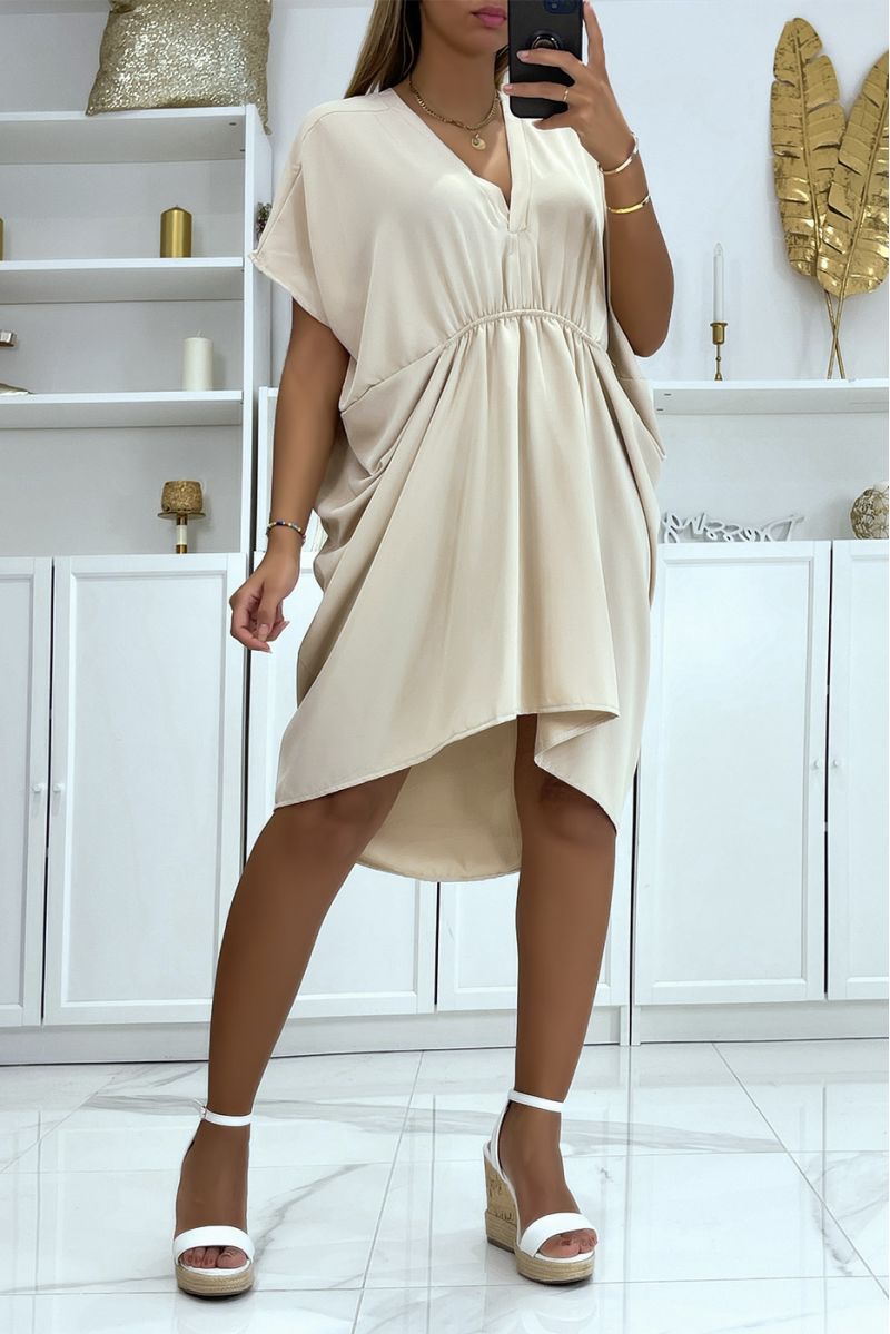 Very loose beige tunic dress with batwing cut, gathered at the front - 1