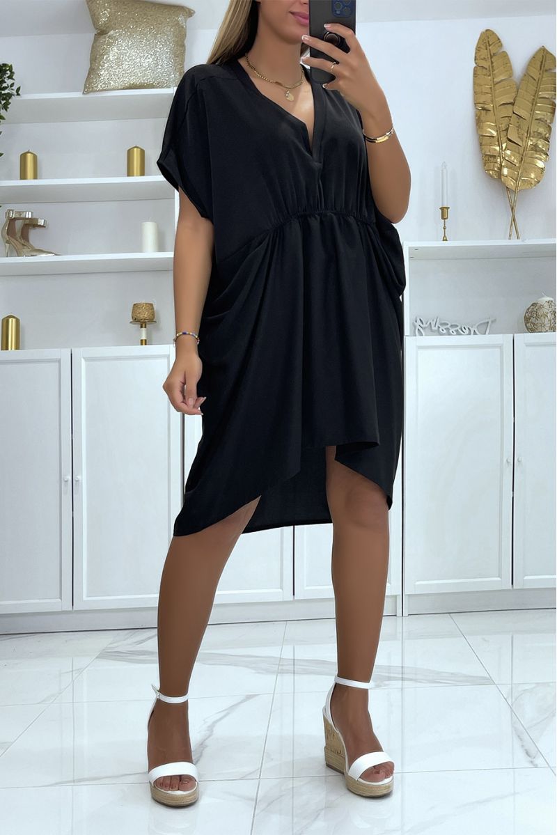 Very loose black tunic dress with batwing cut, gathered at the front - 2