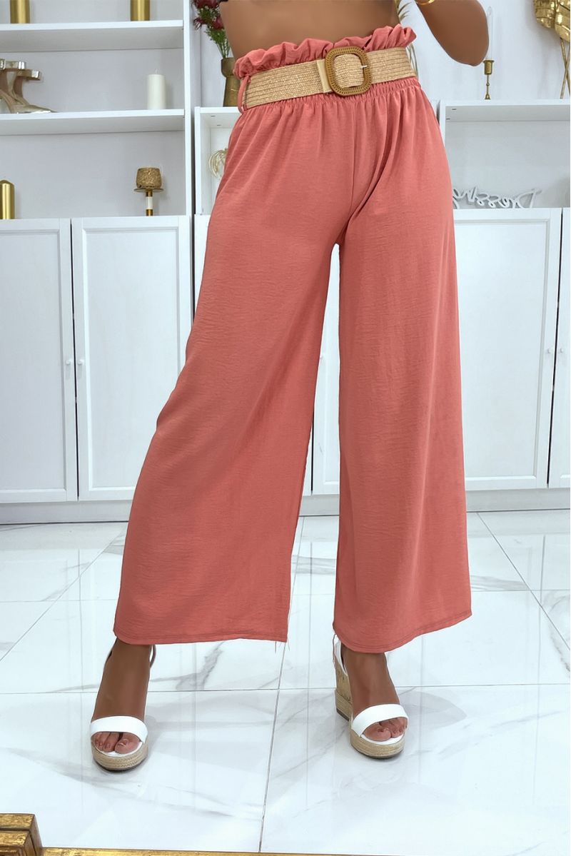 Coral pants elephant leg elastic at the waist with pretty bohemian style straw effect belt - 1