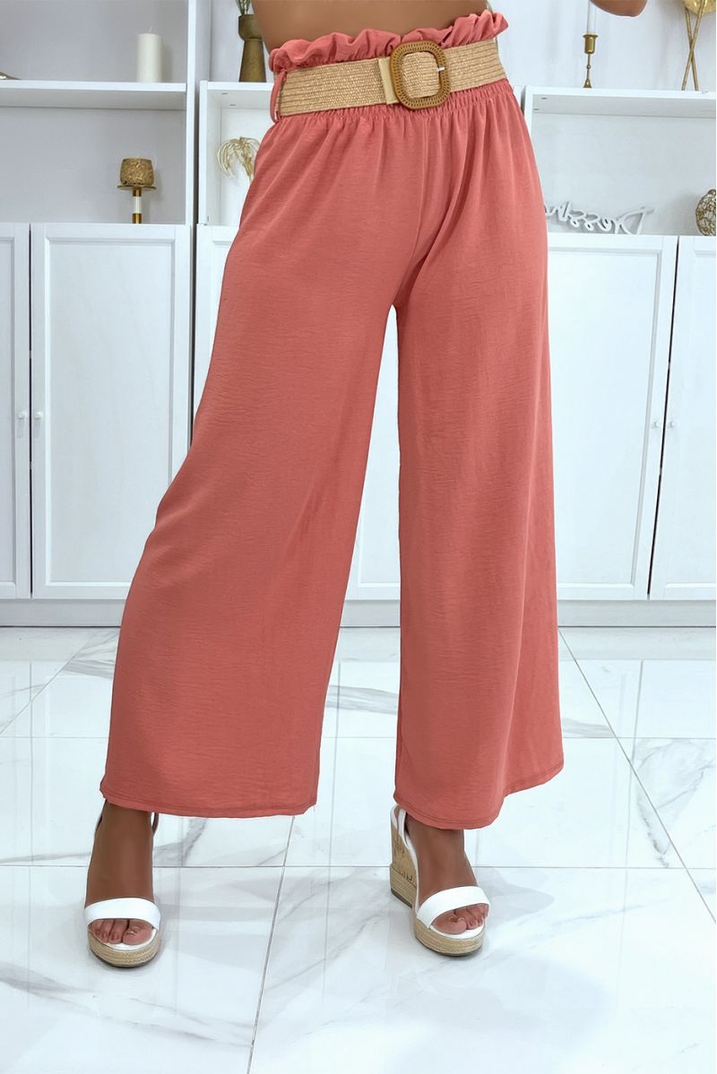 Coral pants elephant leg elastic at the waist with pretty bohemian style straw effect belt - 2
