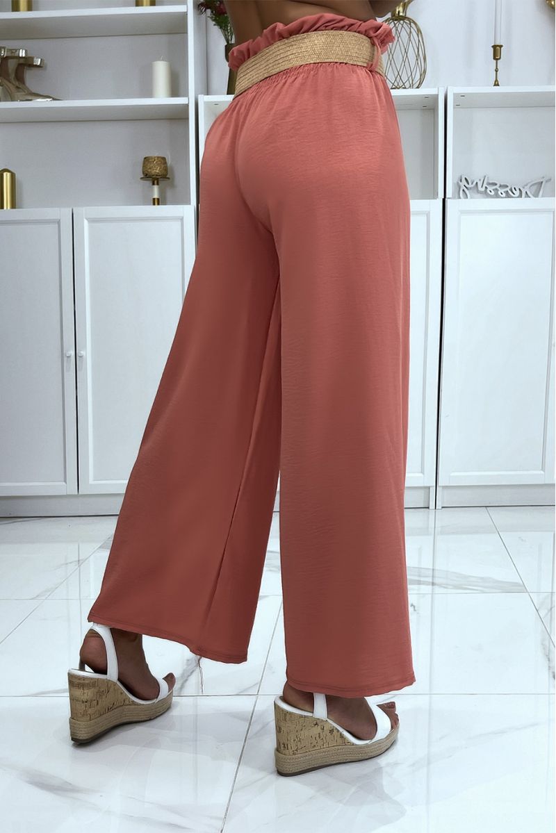 Coral pants elephant leg elastic at the waist with pretty bohemian style straw effect belt - 3