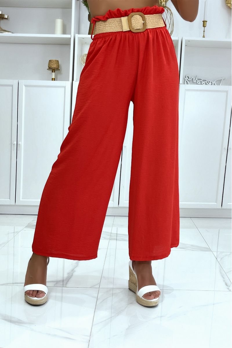 Red bell bottom pants elastic at the waist with pretty bohemian-style straw-effect belt - 1