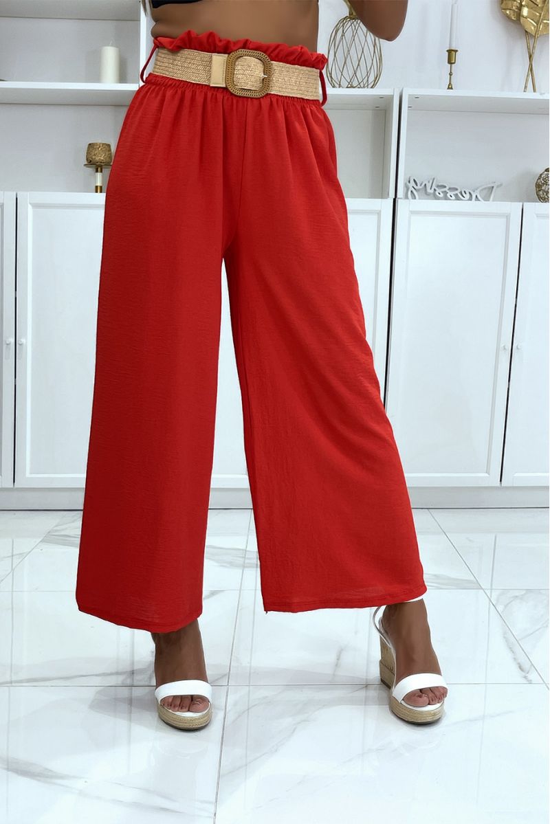 Pantalon rouge patte d'éléphant élastique à la taille avec jolie ceinture effet paille style bohème - 2