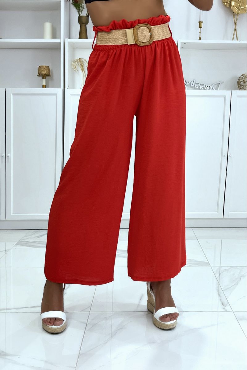 Pantalon rouge patte d'éléphant élastique à la taille avec jolie ceinture effet paille style bohème - 3