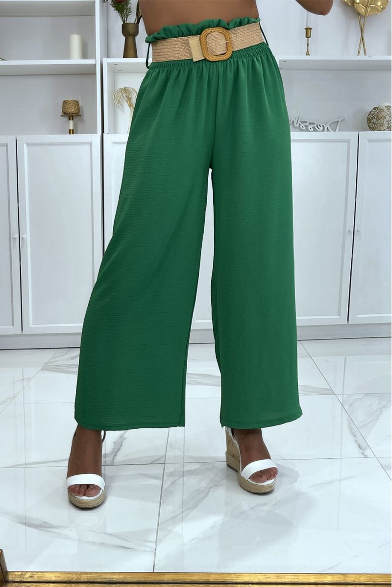 Groene broek met wijd uitlopende pijpen, elastisch in de taille met mooie riem in bohemienstijl met stroeffect - 1