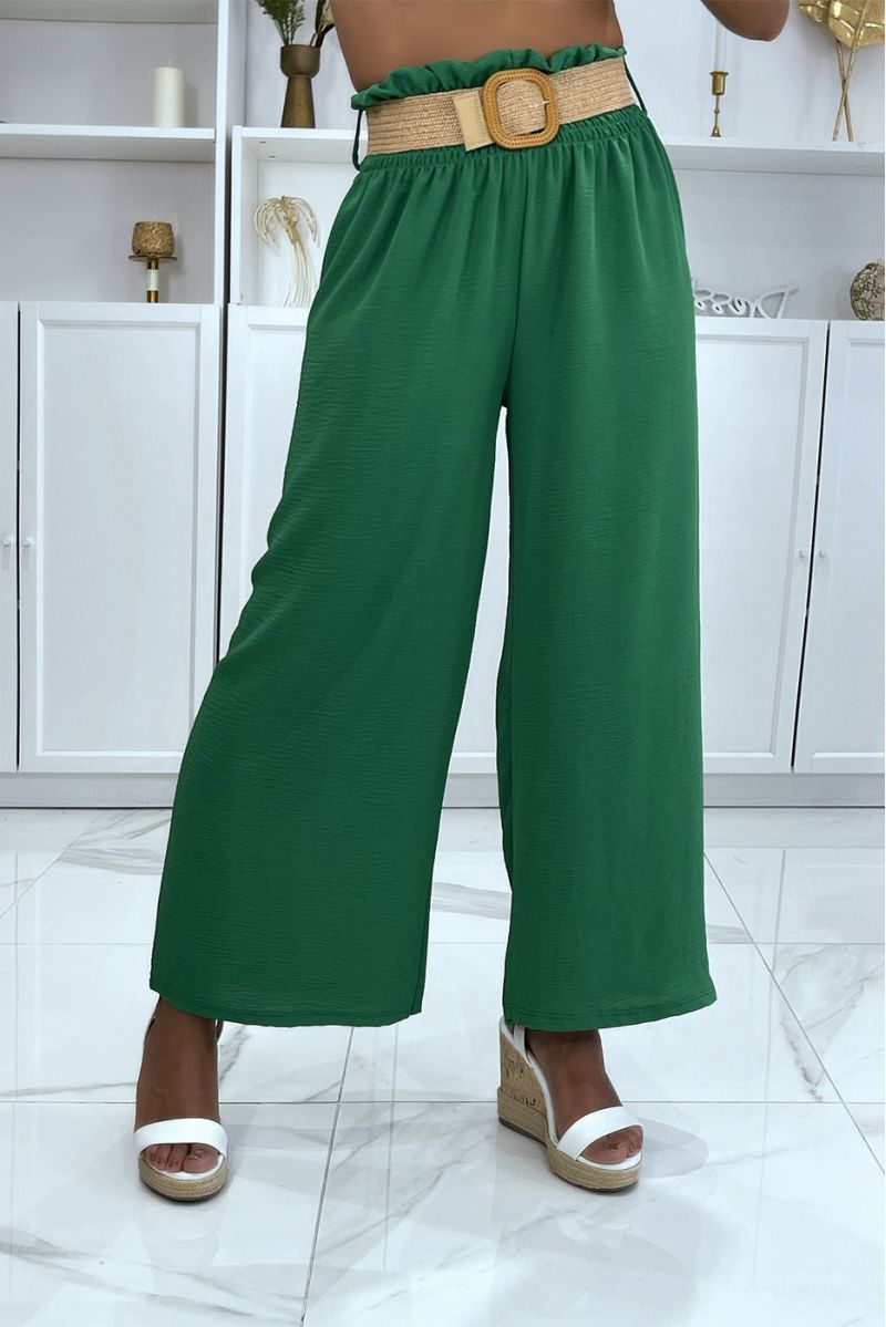 Groene broek met wijd uitlopende pijpen, elastisch in de taille met mooie riem in bohemienstijl met stroeffect - 2