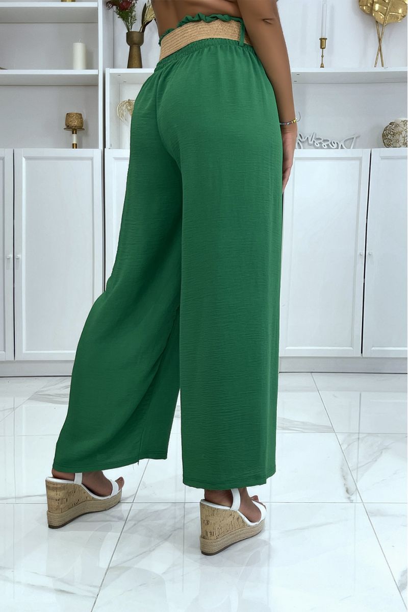 Groene broek met wijd uitlopende pijpen, elastisch in de taille met mooie riem in bohemienstijl met stroeffect - 3