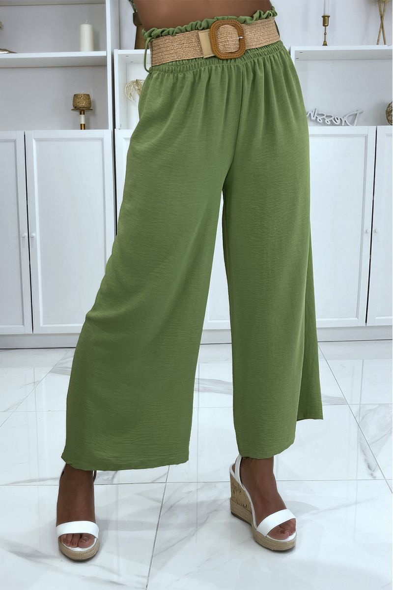 Pantalon vert anis patte d'éléphant élastique à la taille avec jolie ceinture effet paille style bohème - 1