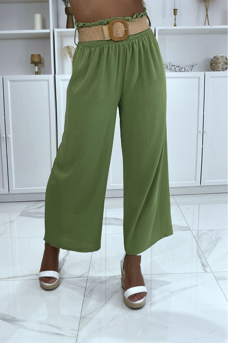 Pantalon vert anis patte d'éléphant élastique à la taille avec jolie ceinture effet paille style bohème - 2