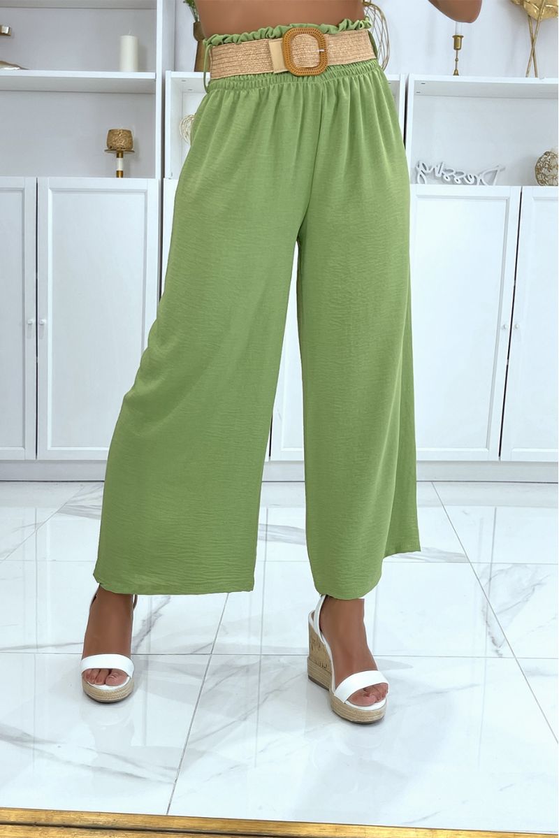 Pantalon vert anis patte d'éléphant élastique à la taille avec jolie ceinture effet paille style bohème - 3