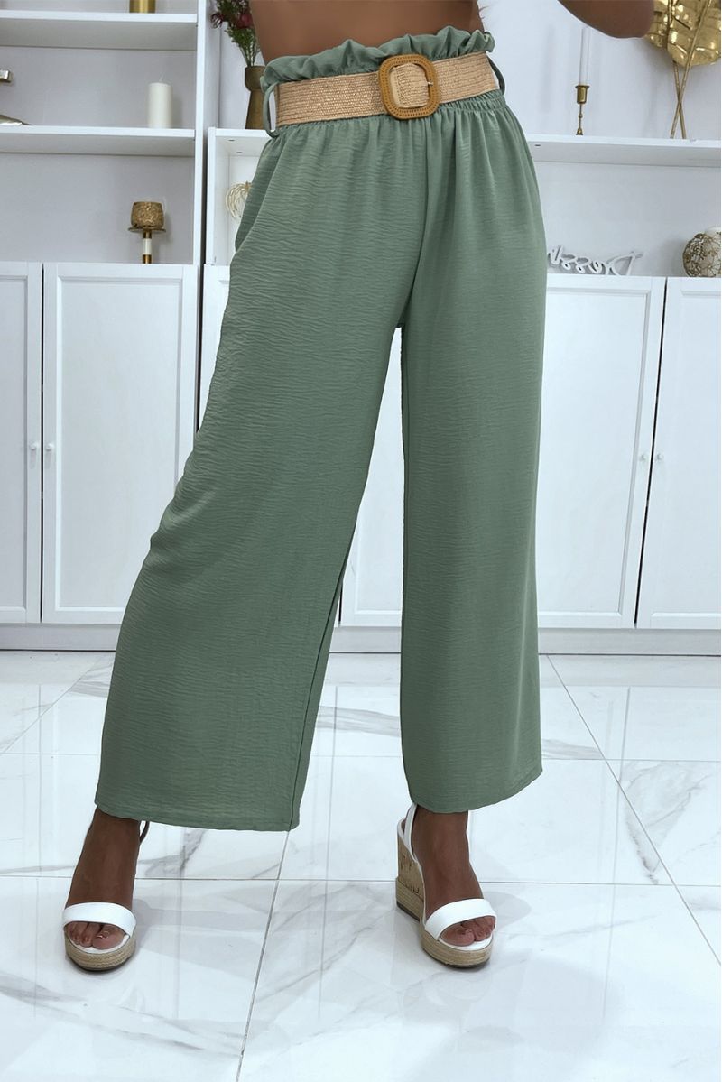 Pantalon vert d'eau patte d'éléphant élastique à la taille avec jolie ceinture effet paille style bohème - 1
