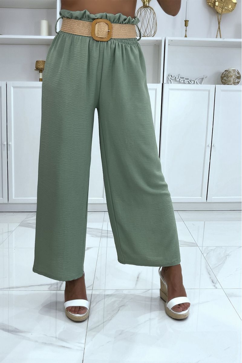 Water green pants elephant leg elastic at the waist with pretty bohemian style straw effect belt - 2