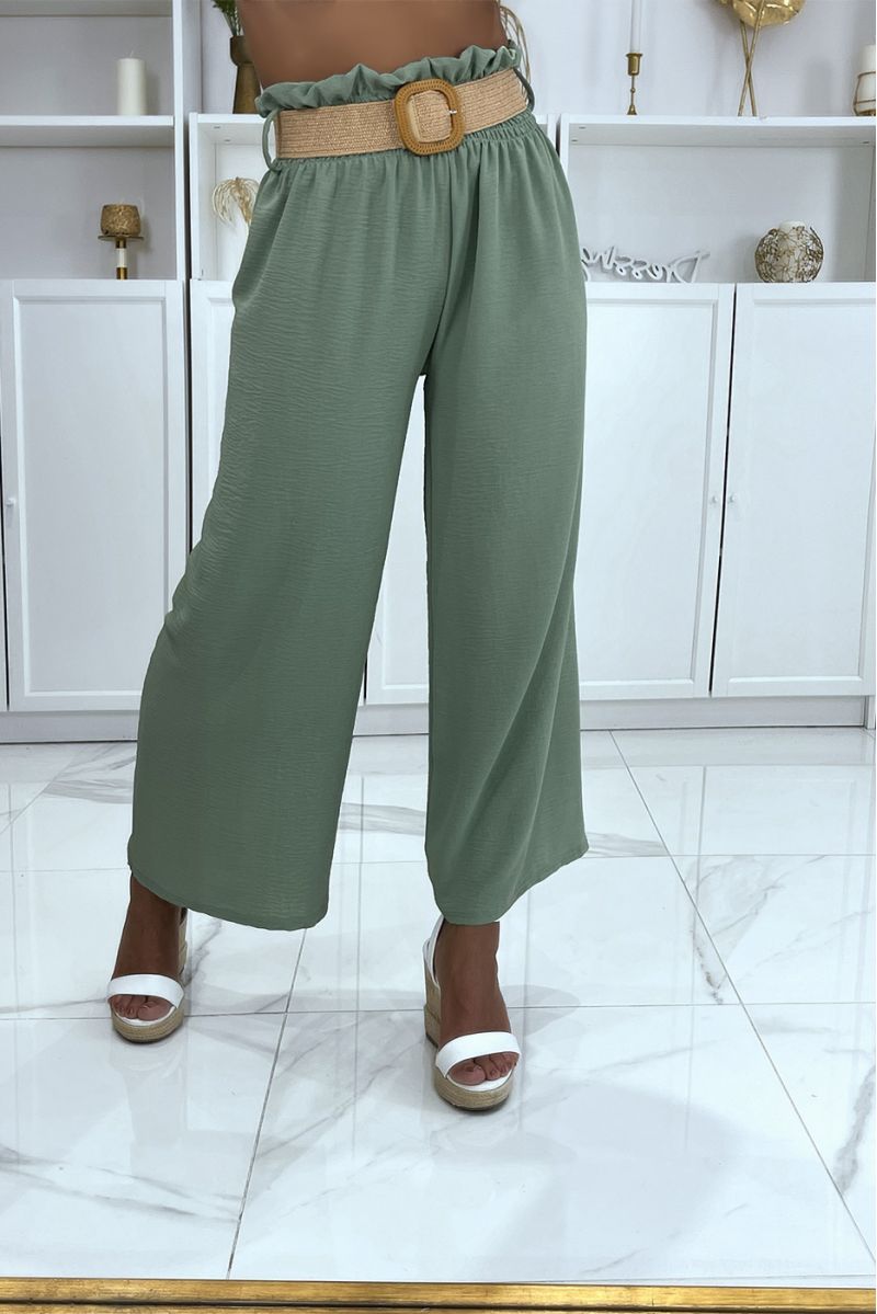 Pantalon vert d'eau patte d'éléphant élastique à la taille avec jolie ceinture effet paille style bohème - 3