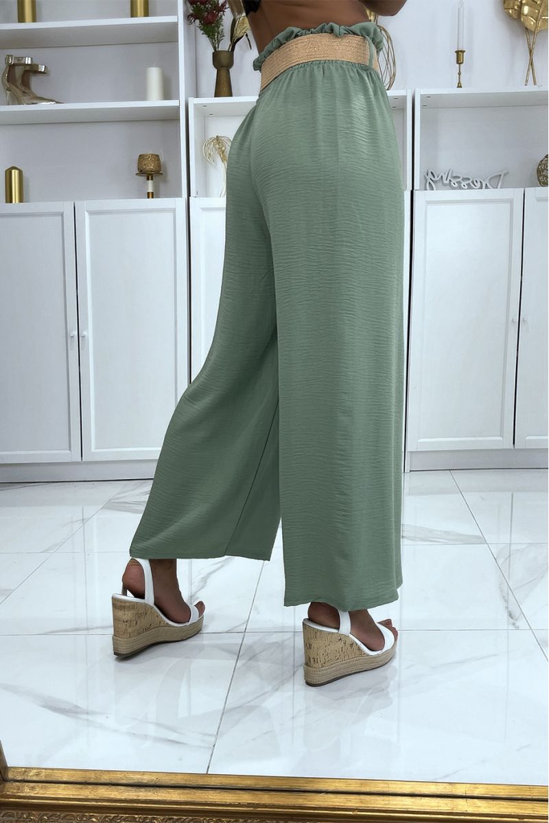 Pantalon vert d'eau patte d'éléphant élastique à la taille avec jolie ceinture effet paille style bohème - 4