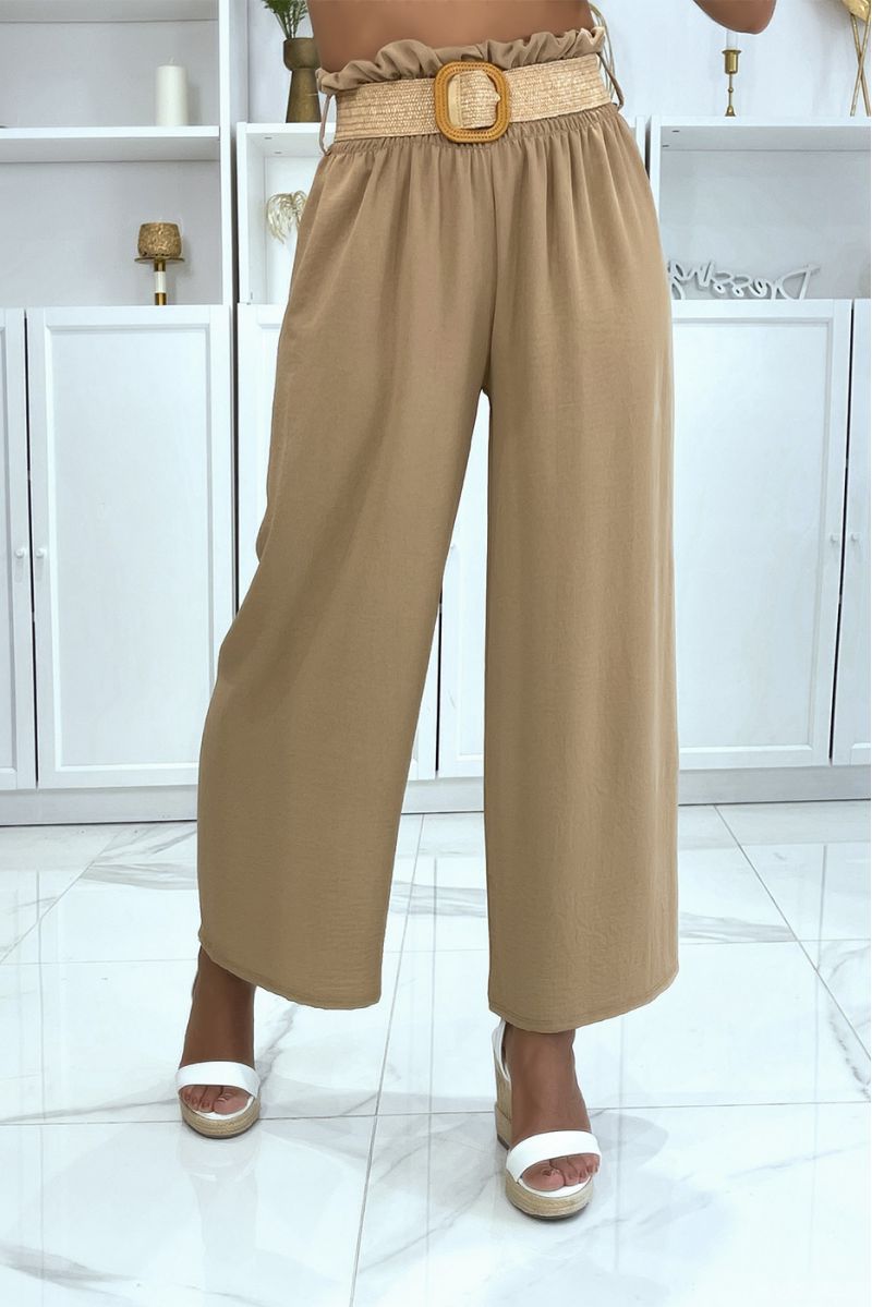 Camel elephant leg pants with elastic waistband and pretty bohemian-style straw-effect belt - 1