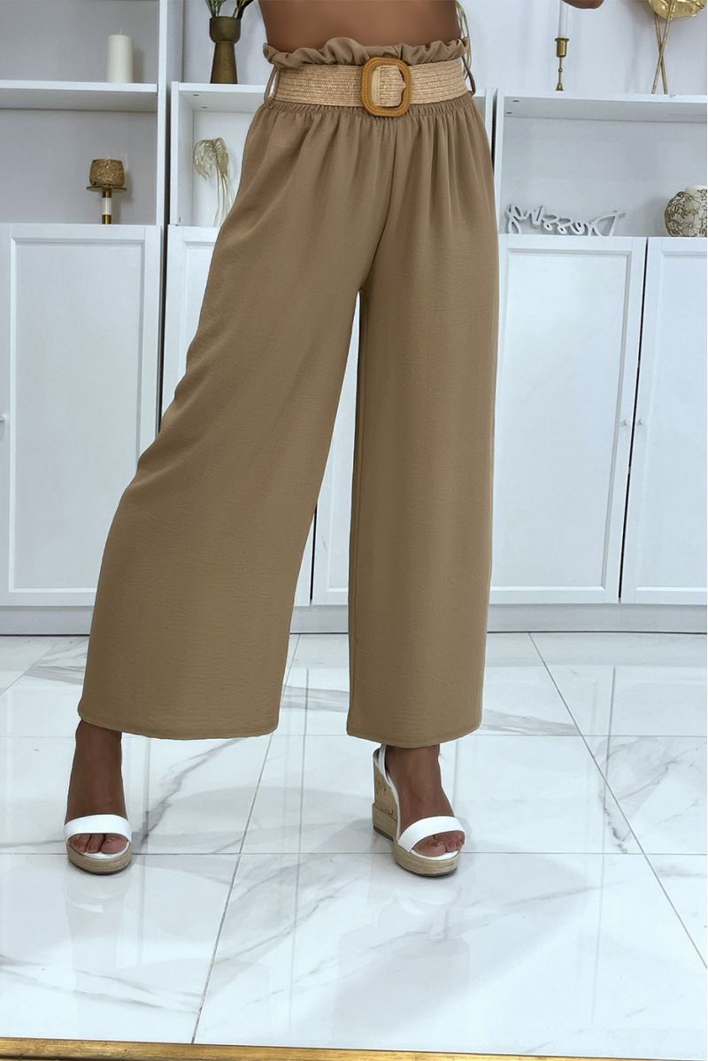 Camel elephant leg pants with elastic waistband and pretty bohemian-style straw-effect belt - 2