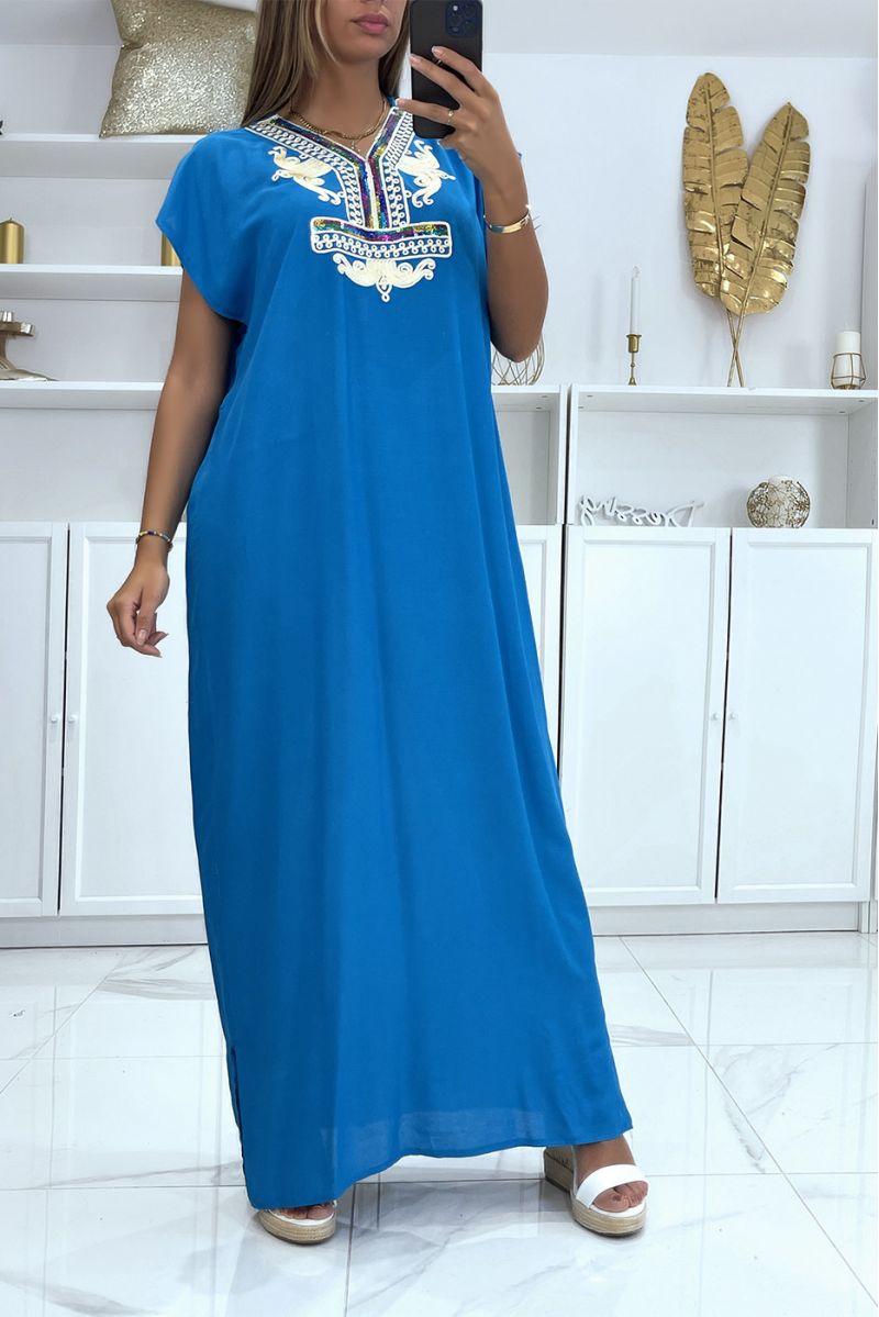 Blue djellaba dress very comfortable to wear with pretty embroidered pattern on the collar adorned with rhinestones - 2