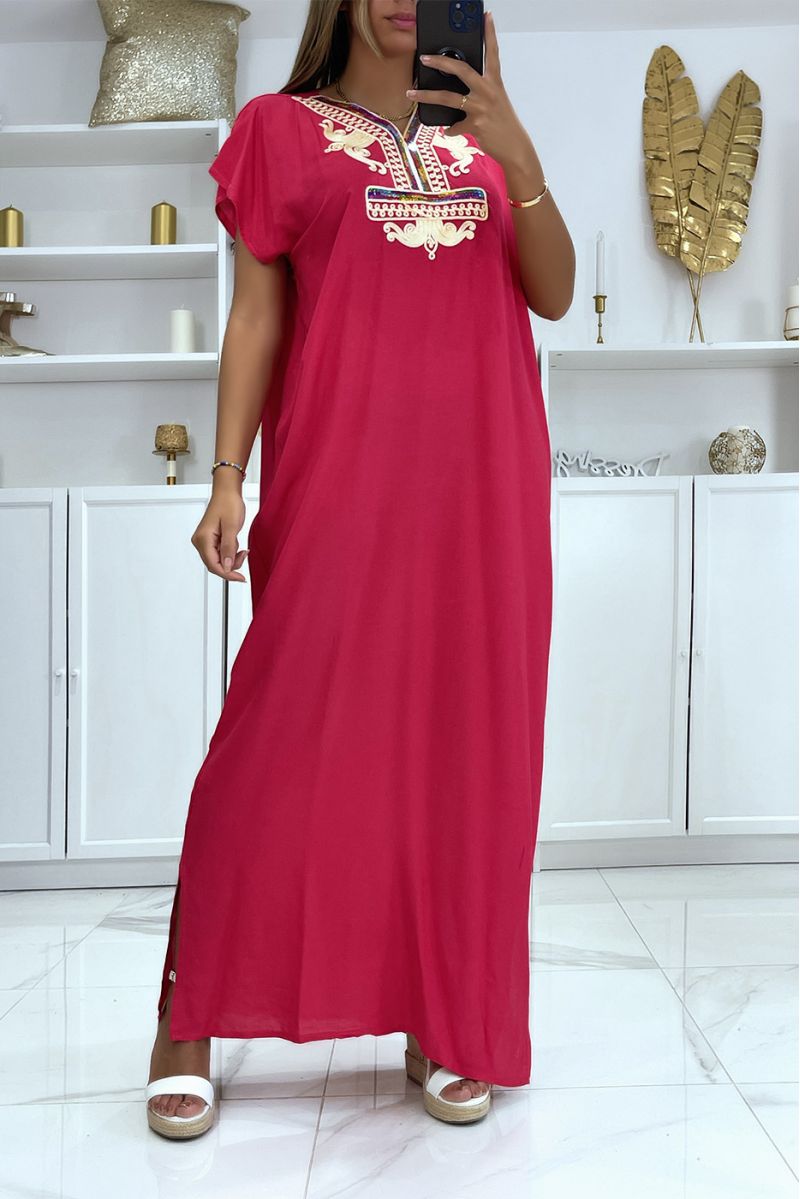Fuchsia djellaba dress very comfortable to wear with pretty embroidered pattern on the collar adorned with rhinestones - 1