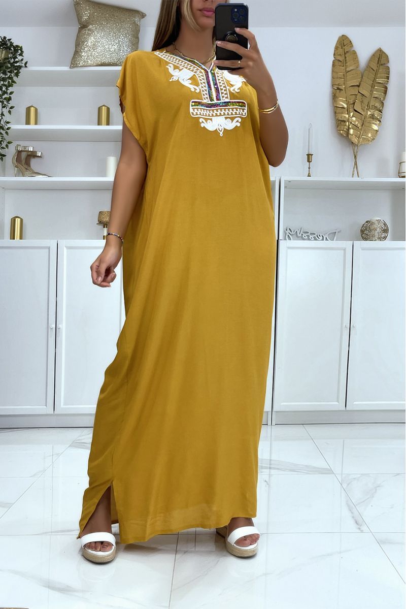 Mustard djellaba dress very comfortable to wear with pretty embroidered pattern on the collar adorned with rhinestones - 1