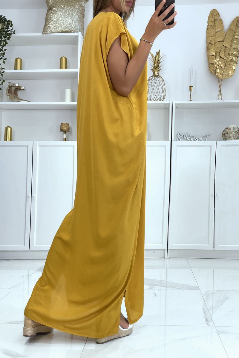 Mustard djellaba dress very comfortable to wear with pretty embroidered pattern on the collar adorned with rhinestones - 4
