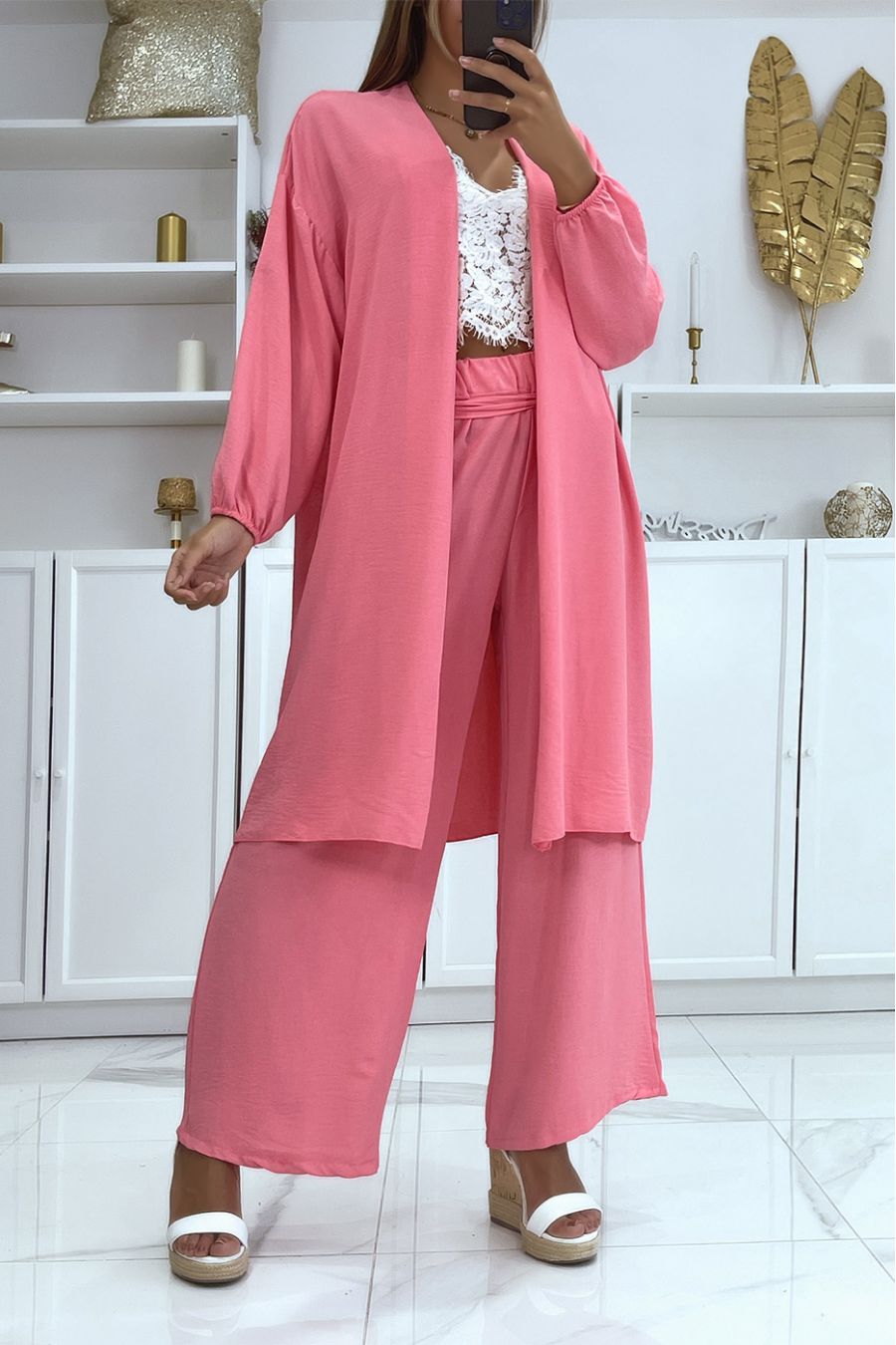 Ensemble kimono et pantalon palazzo fuchsia  - 1