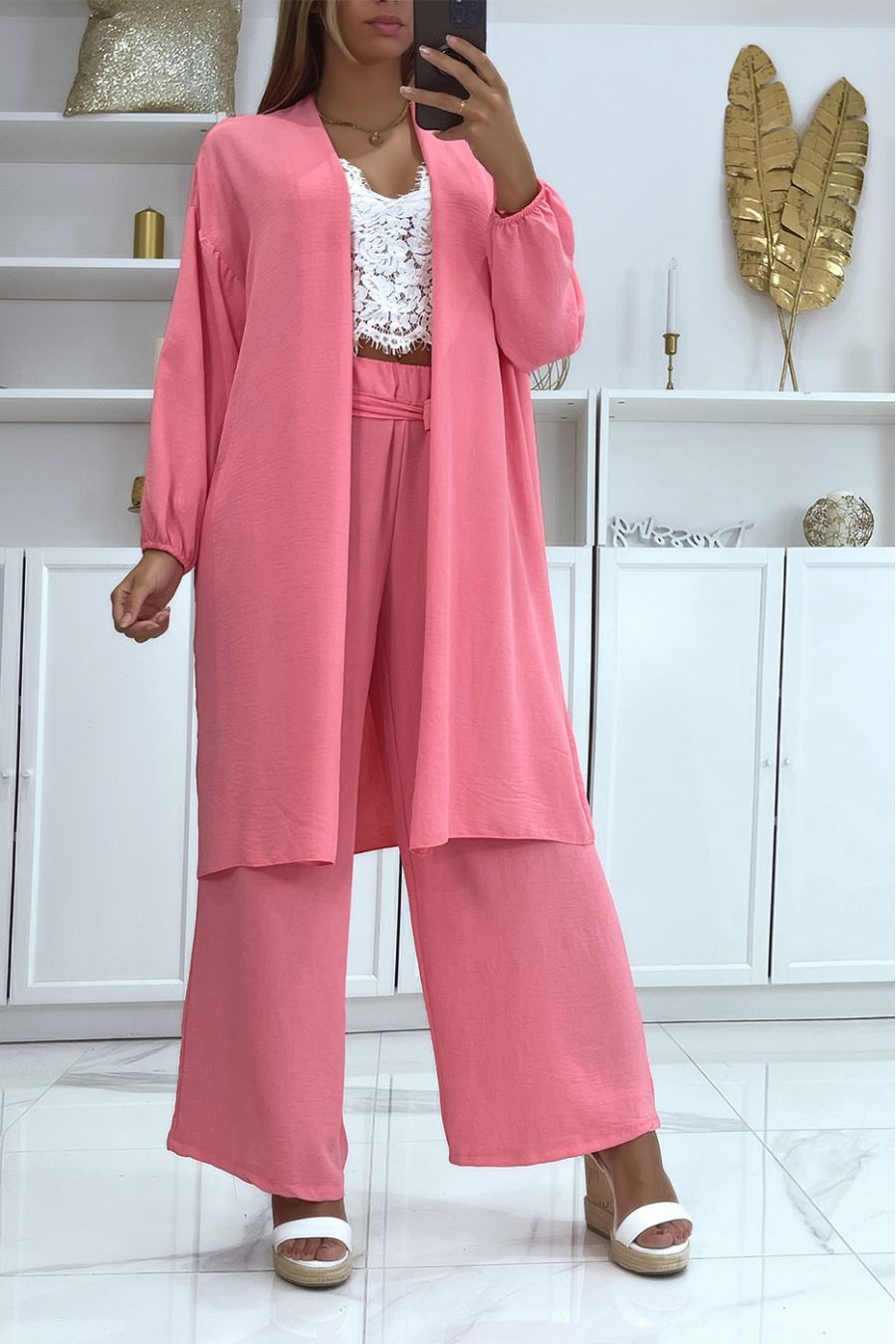 Fuchsia kimono en palazzo broek set - 2