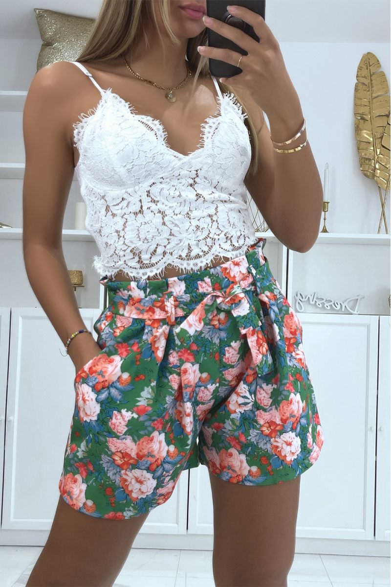Green floral pattern shorts with pockets and belt - 1