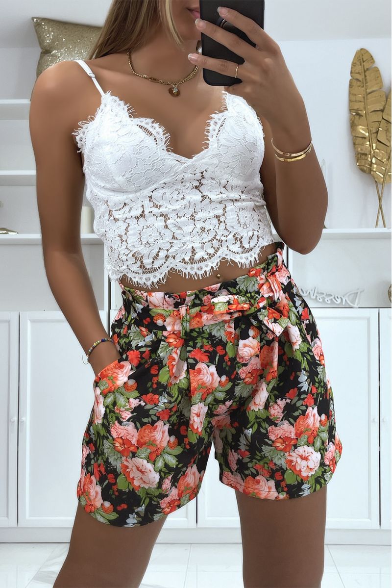 Black floral pattern shorts with pockets and belt - 1