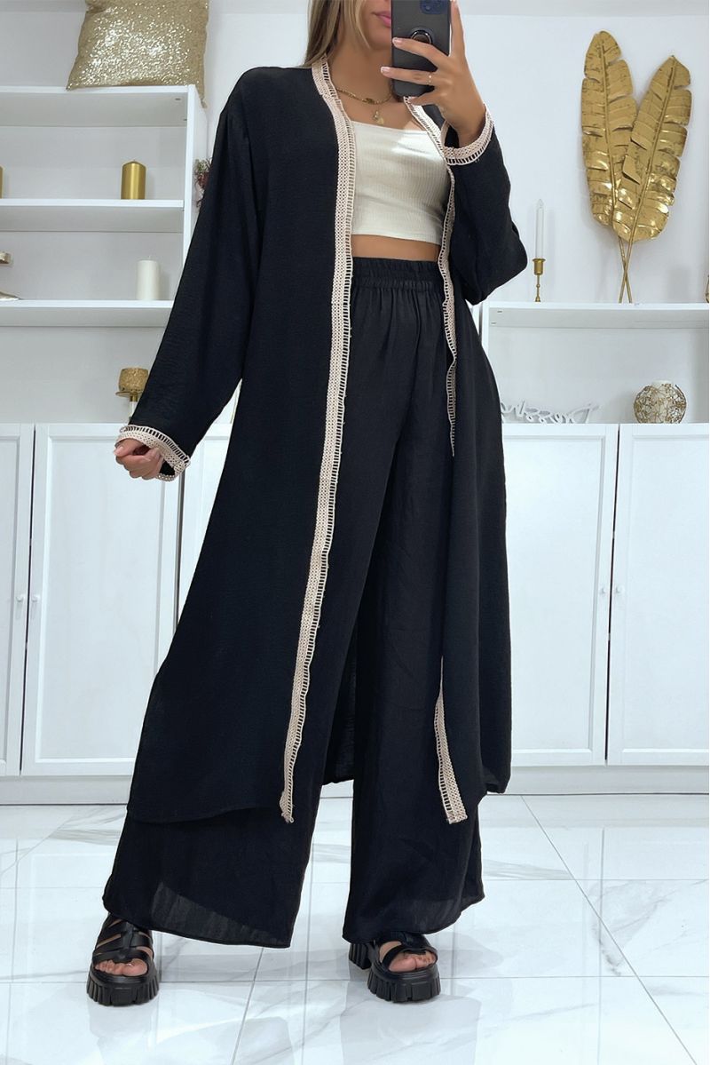 Long kimono noir avec dentelle sur les contours  - 1