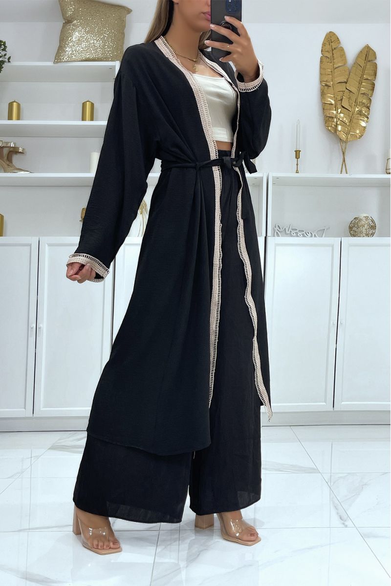 Long kimono noir avec dentelle sur les contours  - 2