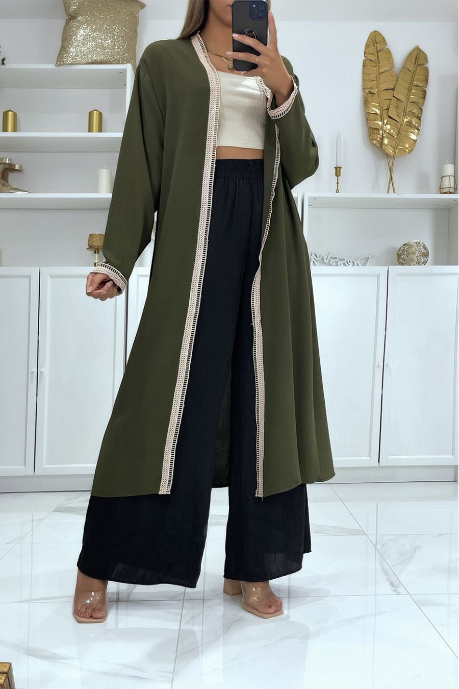 Long khaki kimono with lace on the edges - 1