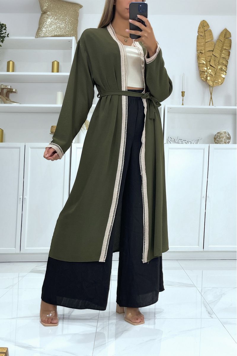 Long kimono kaki avec dentelle sur les contours  - 2