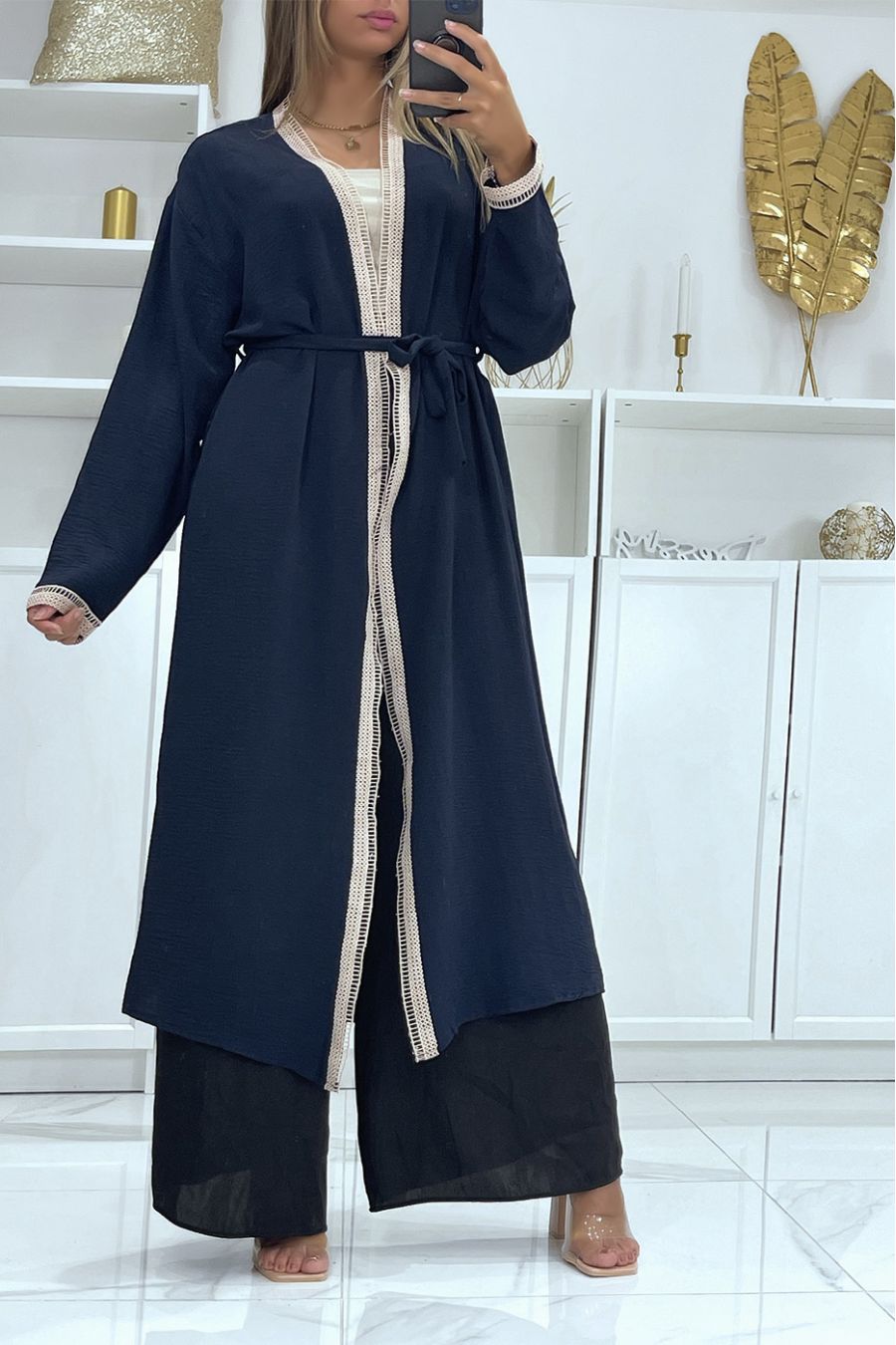 Long navy kimono with lace on the edges - 2
