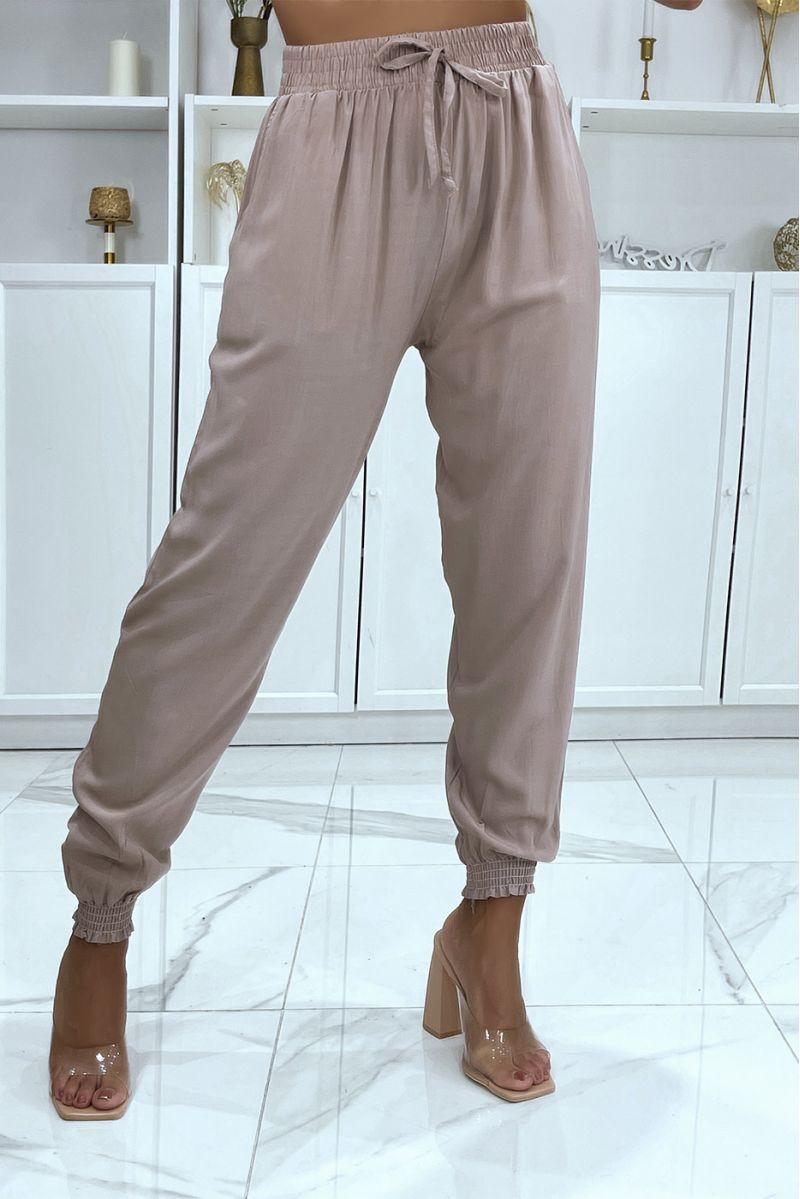 Fluid taupe pants with elastic waist and ankles - 1