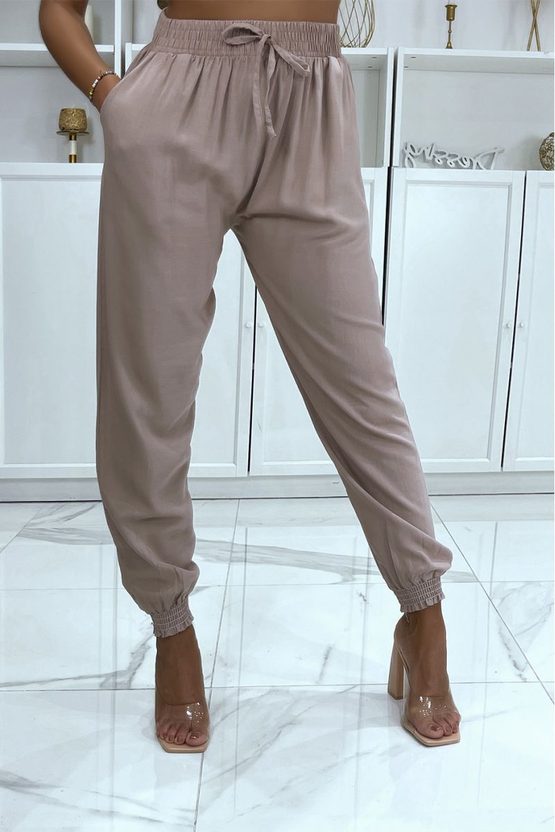 Soepelvallende taupe broek met elastische taille en enkels - 2