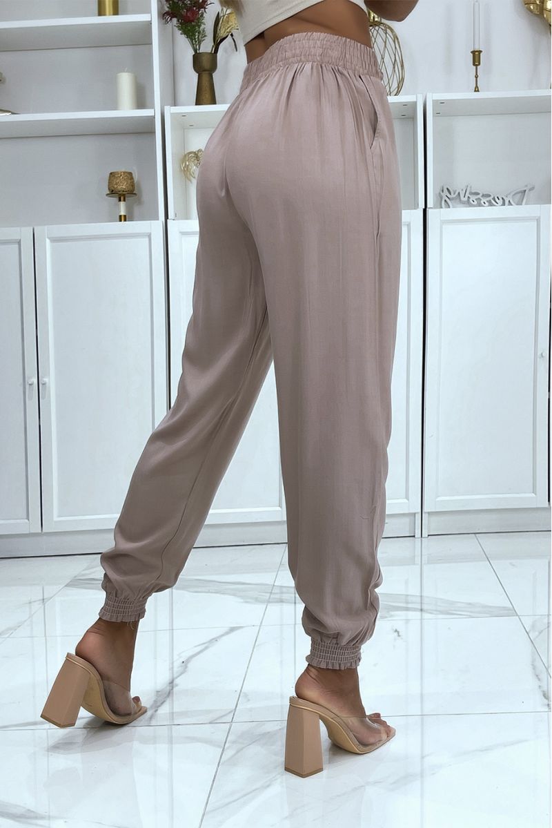 Fluid taupe pants with elastic waist and ankles - 4
