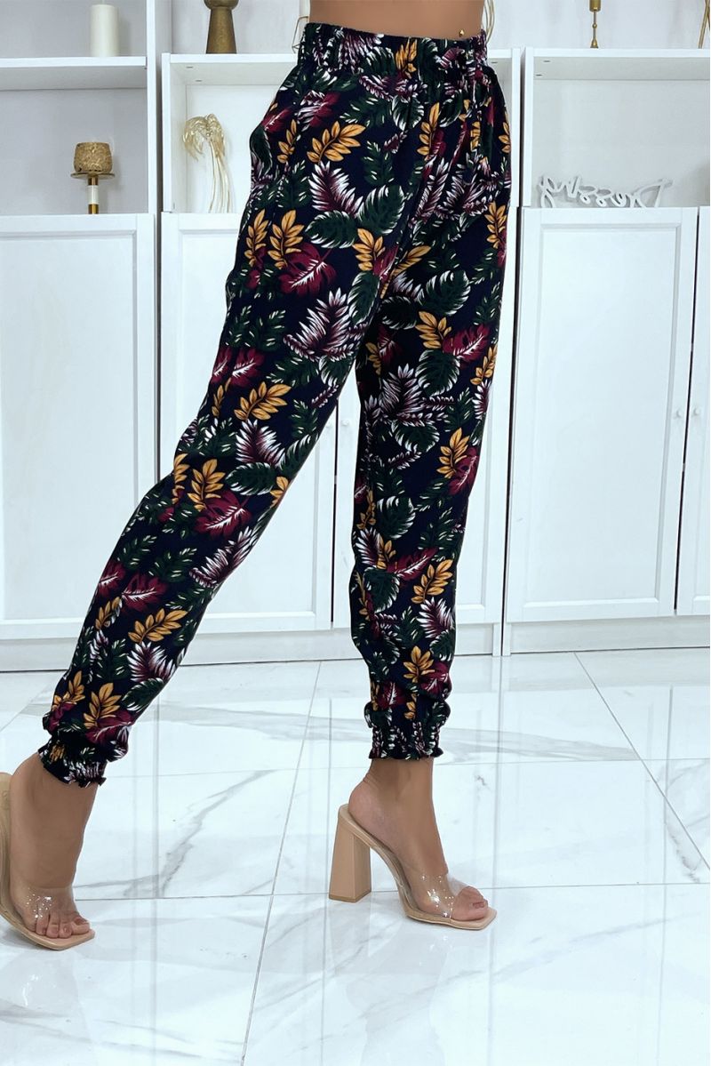 Black and green leaf pattern trousers, fluid elastic at the waist - 3