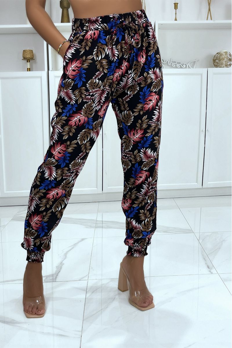 Black and royal leaf pattern trousers, fluid elastic at the waist - 1